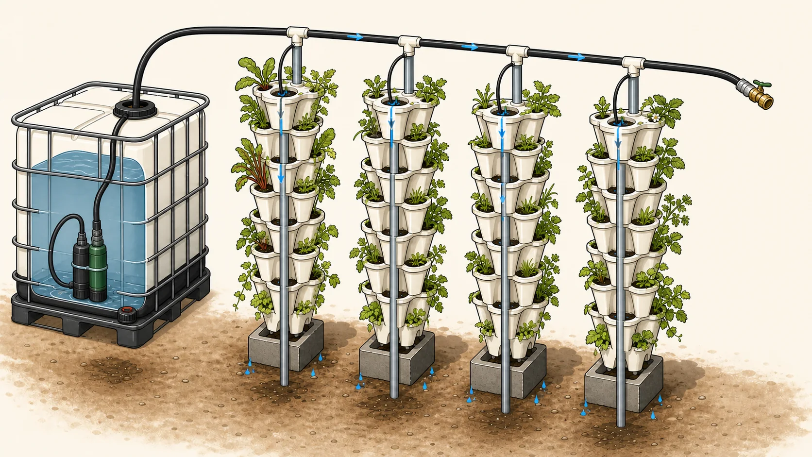 HydroPip IBC, separate mixing and feed pumps, tower feed lines, and non-returning runoff